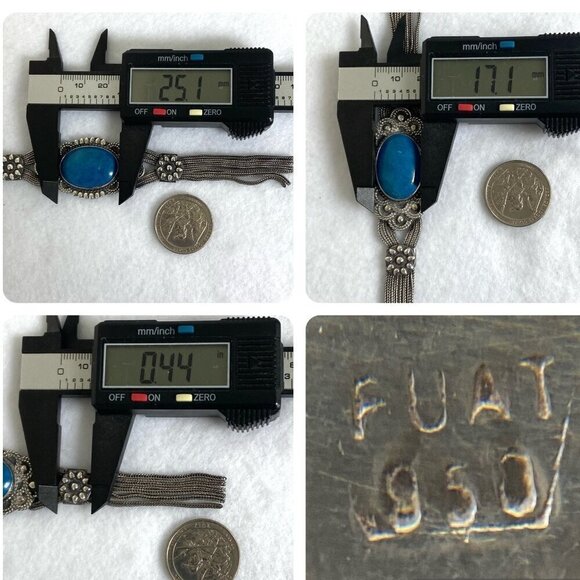 VTG Silver 950 FUAT Blue Quartz Turkish Triple Foxtail Chain Tassel Necklace 49g - Picture 9 of 16